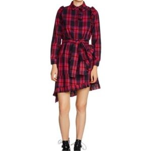 Maje Randra Plaid Asymmetric-Hem Dress, Red/ Black, size S